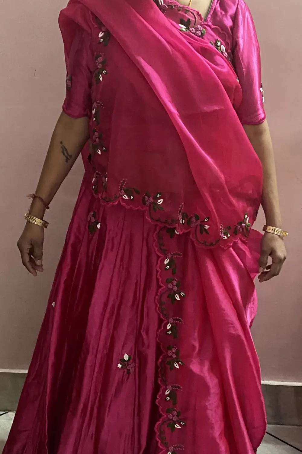 Rani Pink Gaji Silk Threadwork Lehenga Set