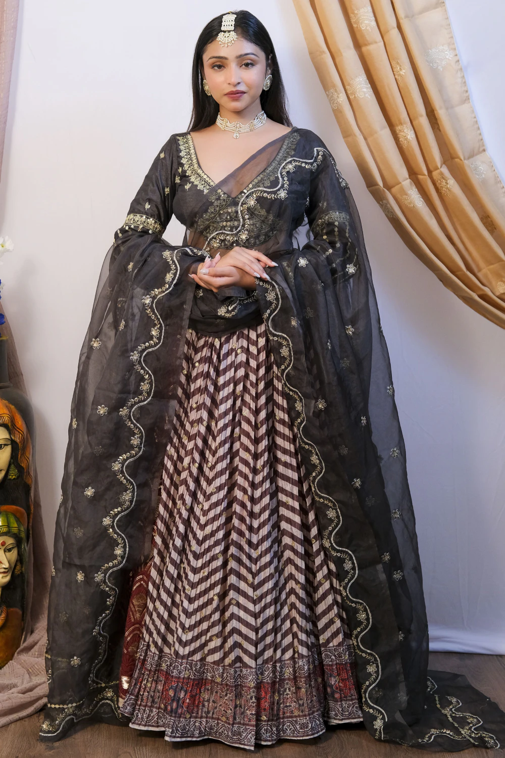 Emerald green  & off white crushed & silk kasab work lehenga set