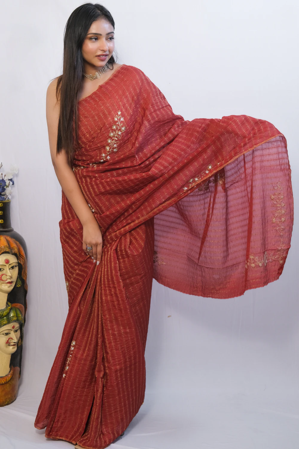 red stripe tissue silk handwork saree