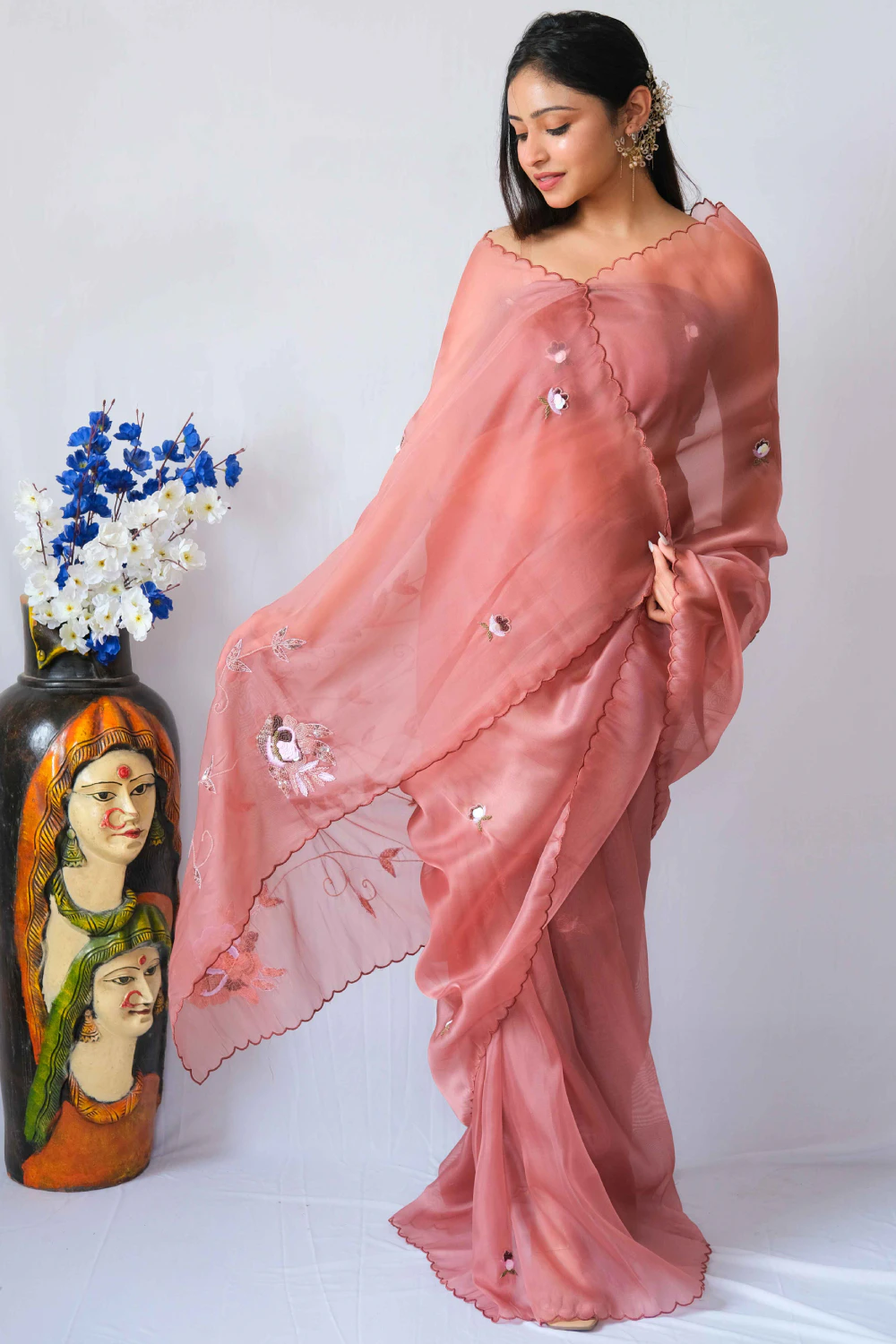 Rust jute silk mixed  handwork saree