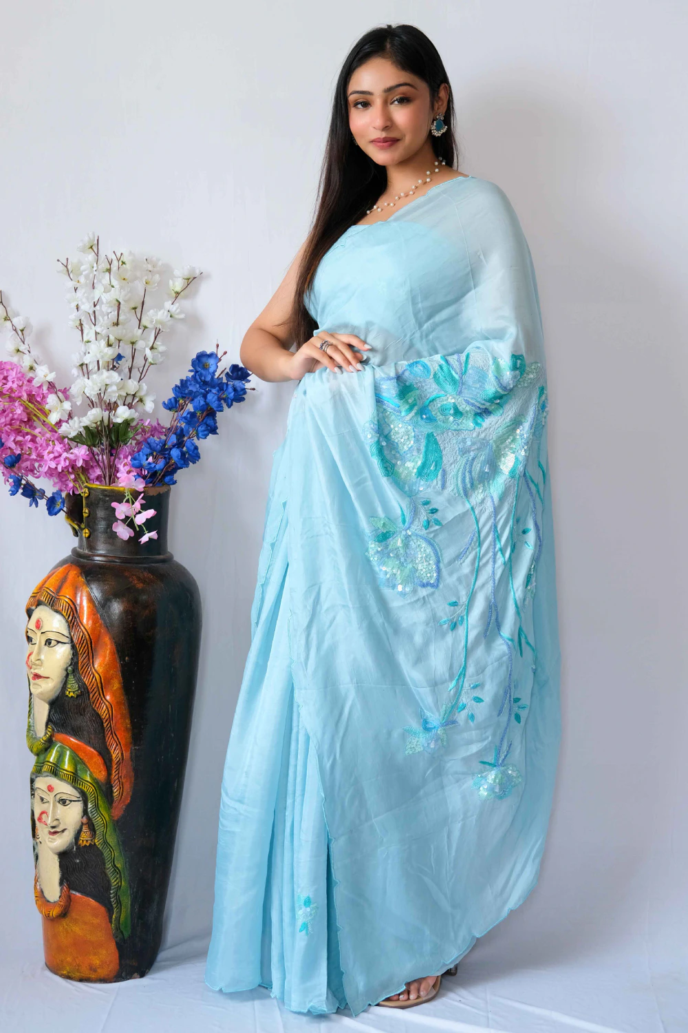 Ice blue abu dai mixed handwork saree