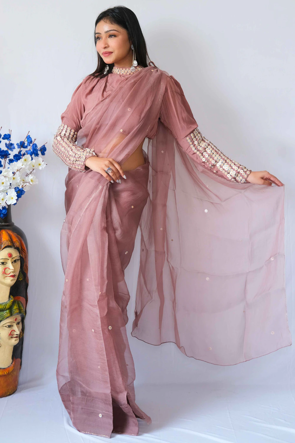 mauve pure organza leather sequins handwork saree