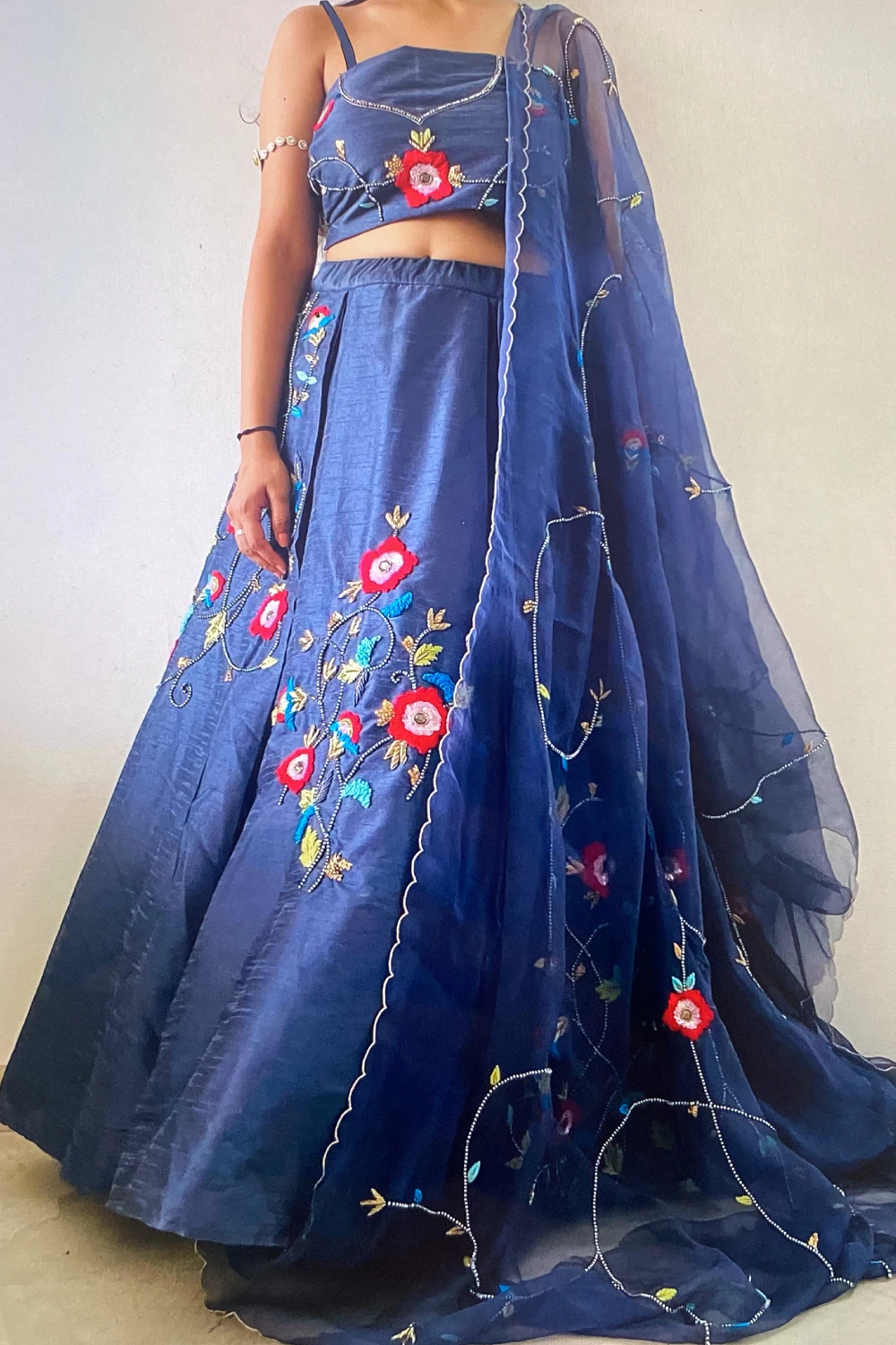 Greyish blue silk plus georgette thread & zardose lehenga set