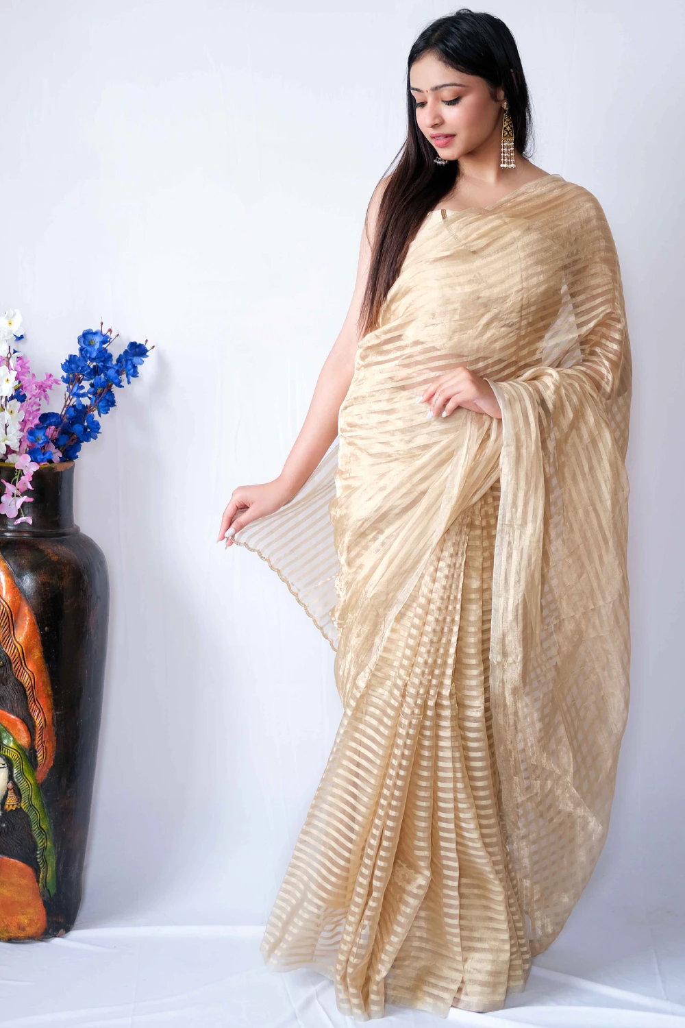 Gold stripe tissue handwork saree