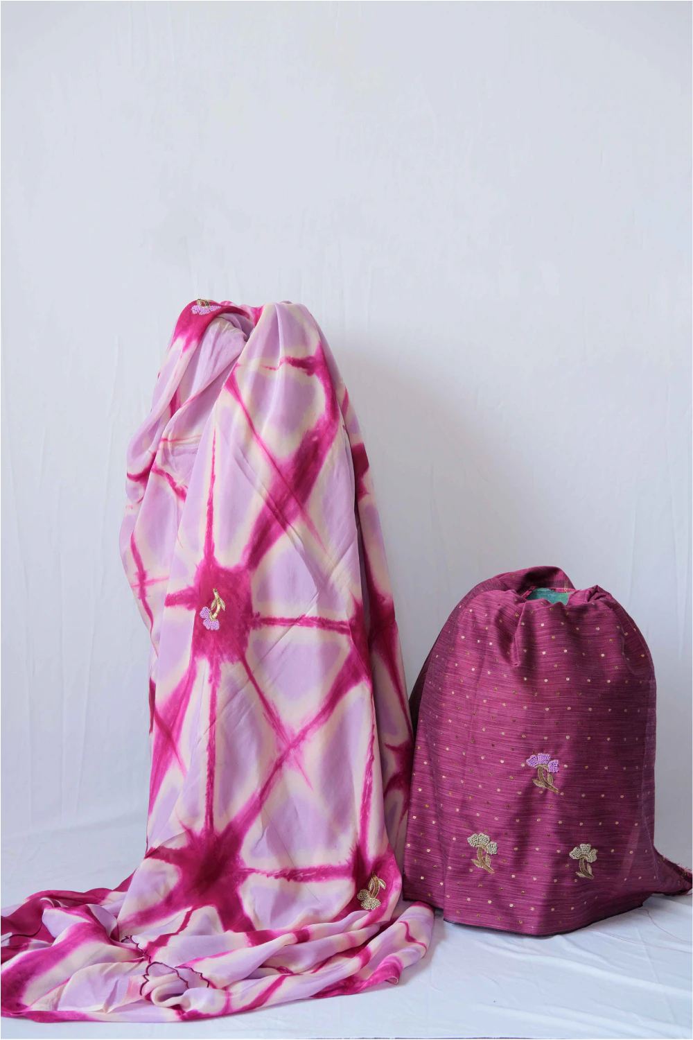 Purple hand tye dyed silk organza handwork saree