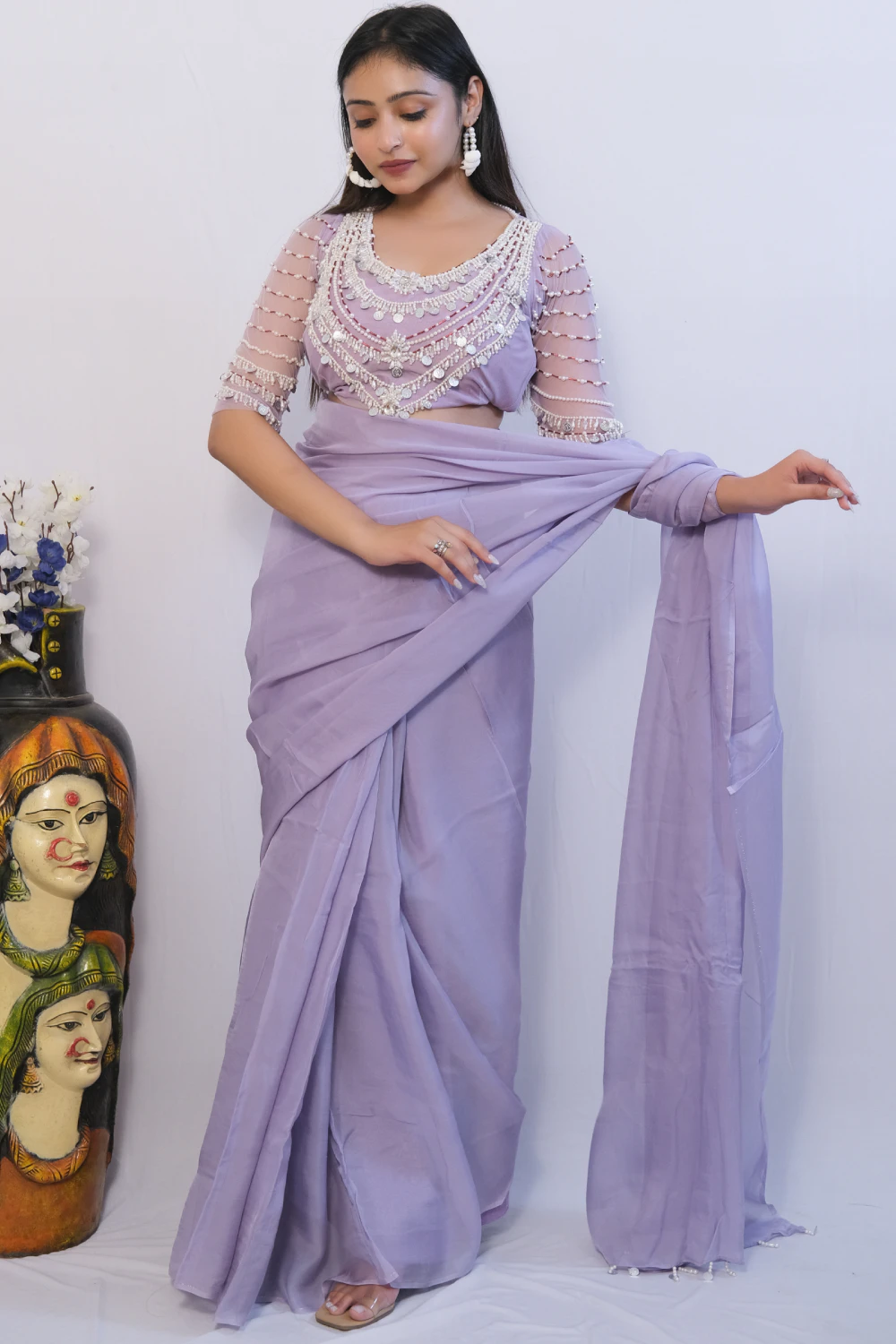 Purple organza handwork saree