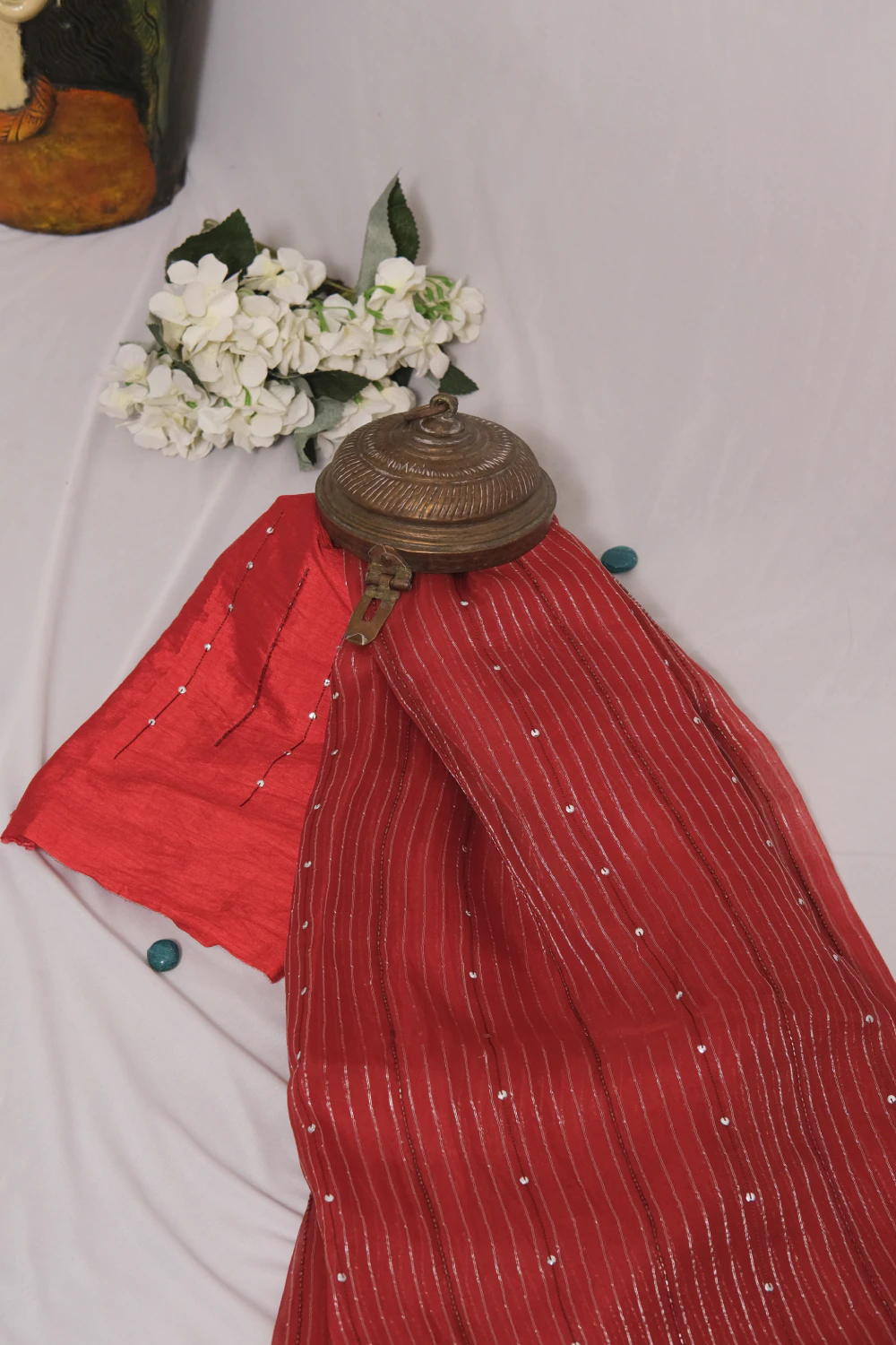Red stripe organza tissue highlight handwork saree