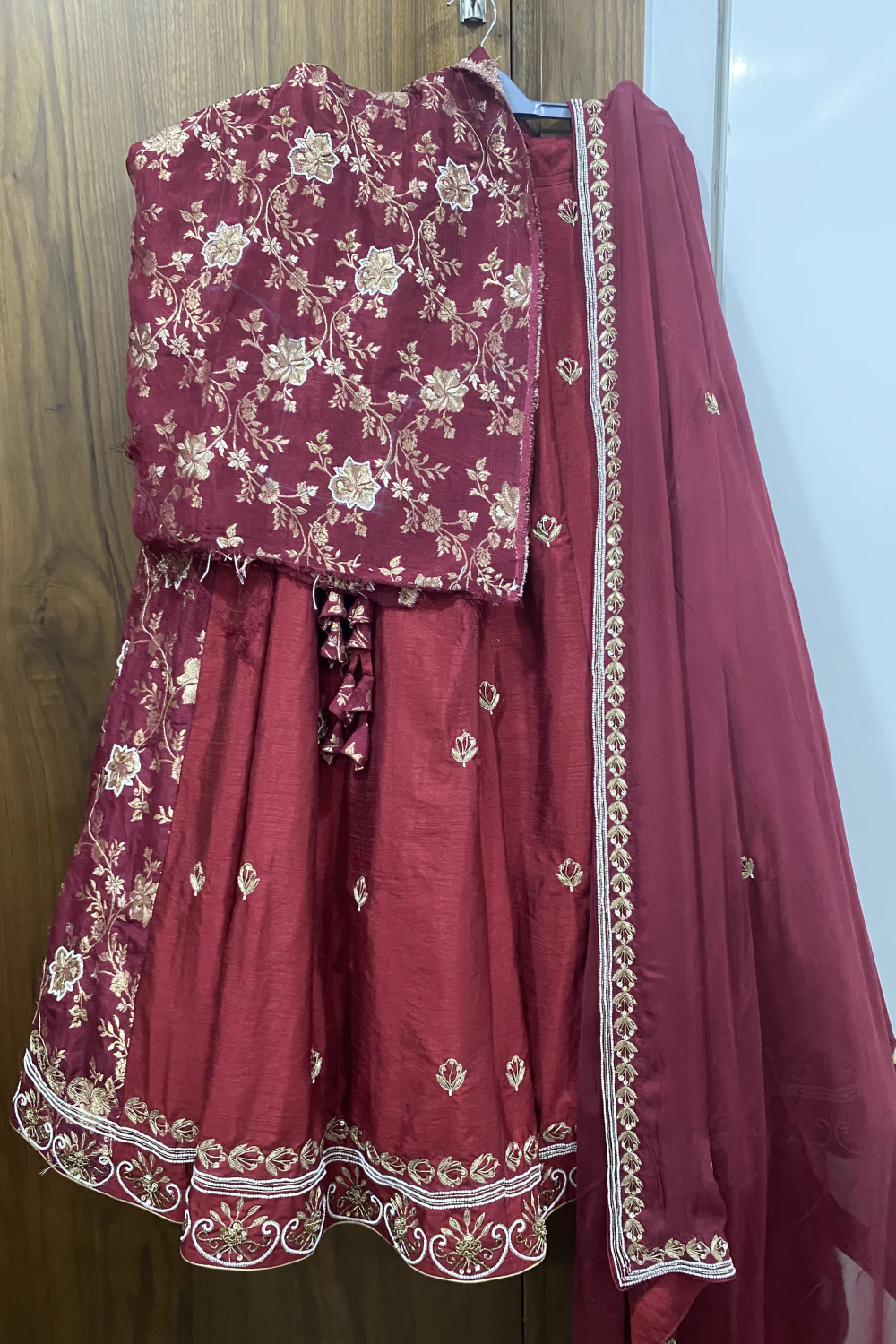 Maroon Red Silk & Banarasi Silk Zardose Lehenga Set.