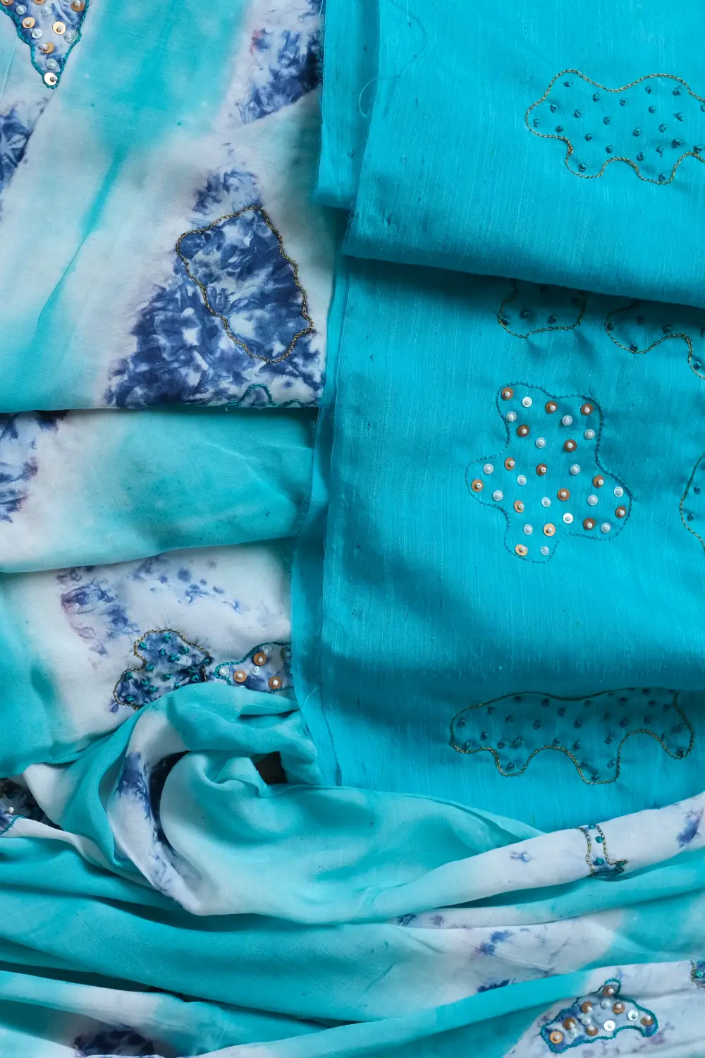 Blue muslin silk hand dyed highlightwork saree