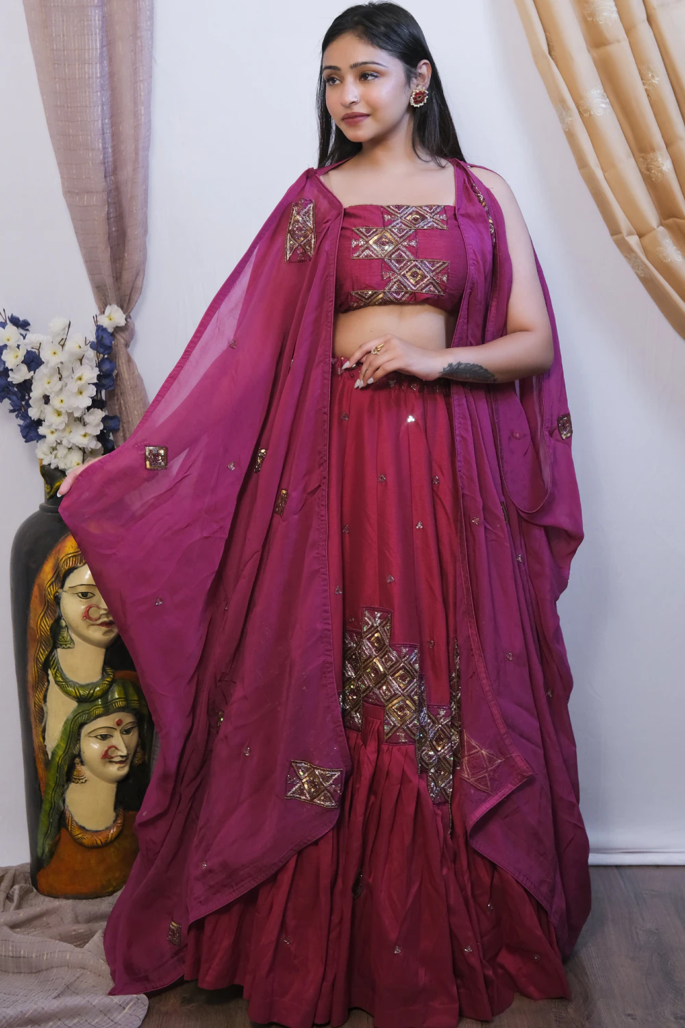 wine silk mixed work lehenga set