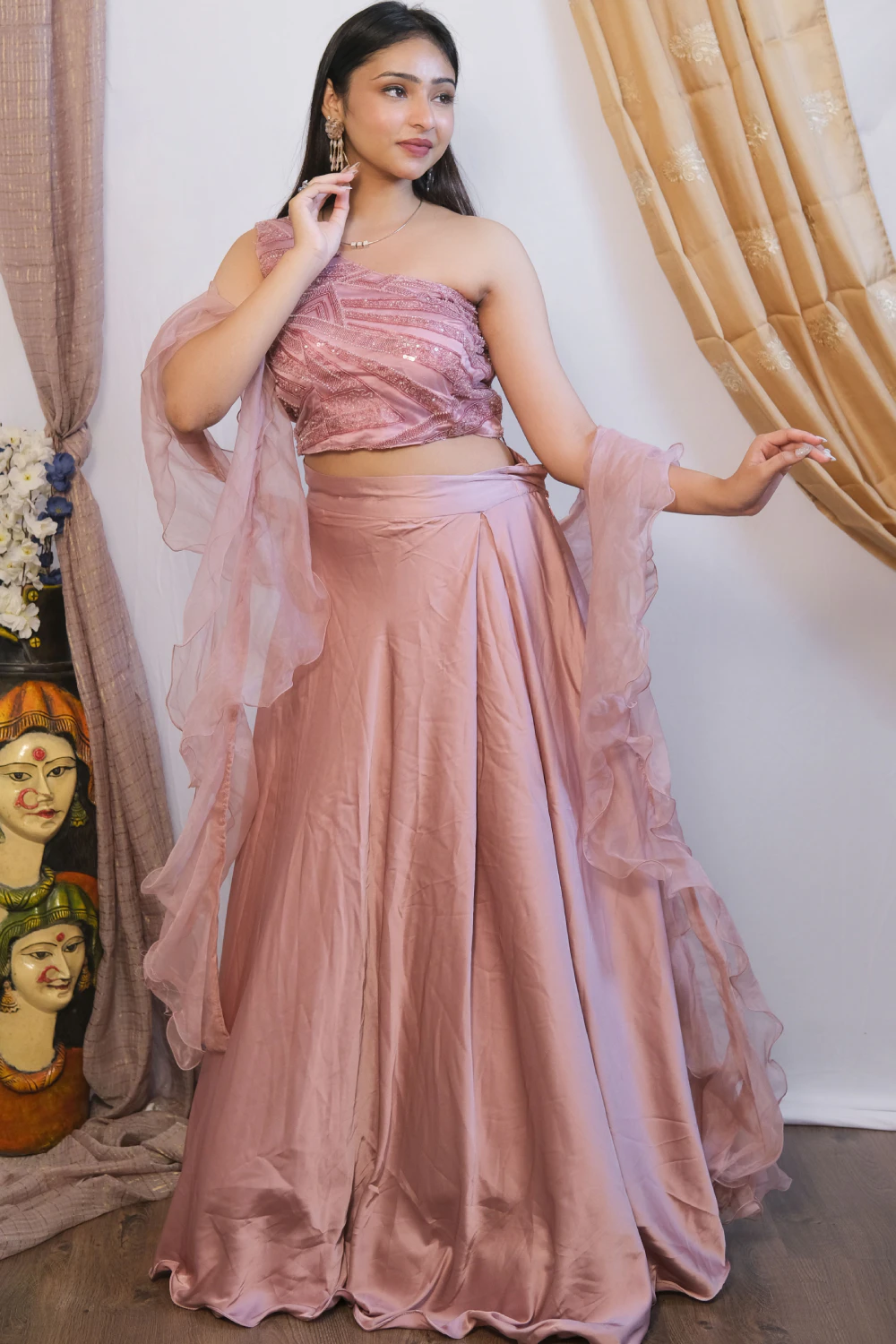 mauve net & satin lehenga set