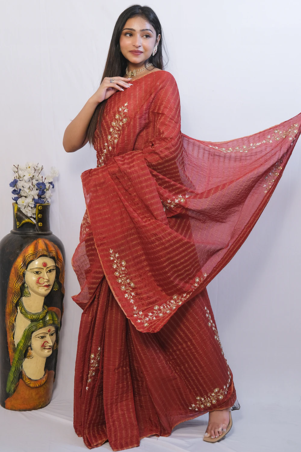 red stripe tissue silk handwork saree