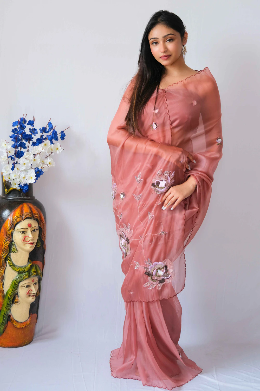 Rust jute silk mixed  handwork saree