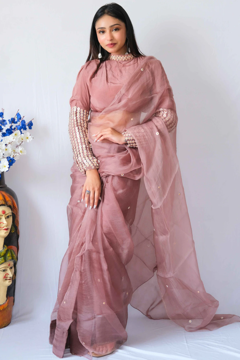 mauve pure organza leather sequins handwork saree