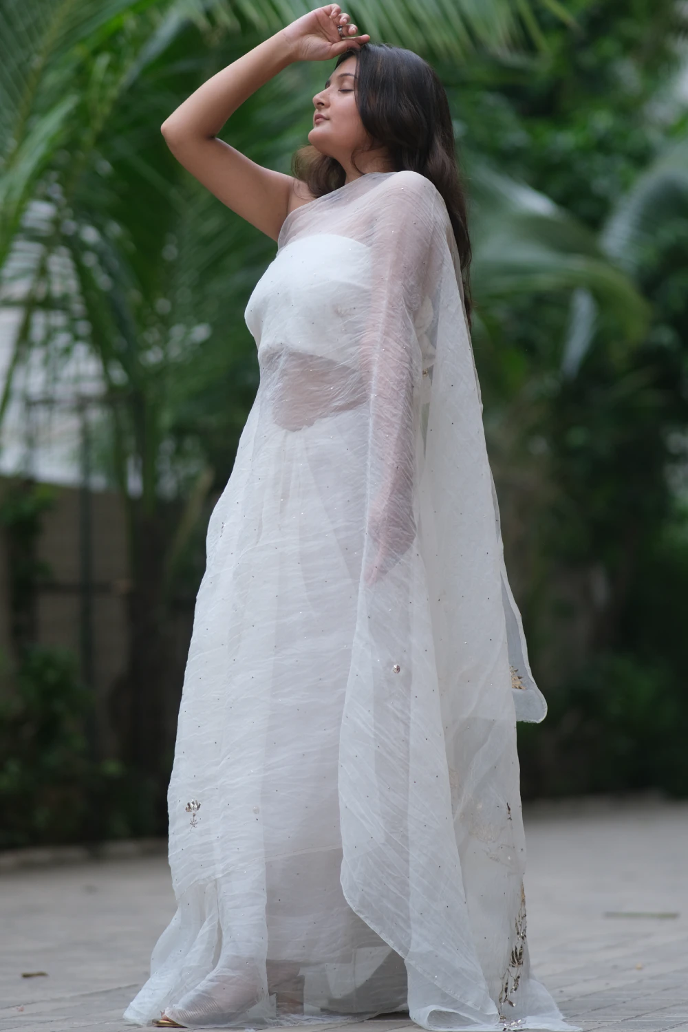 White pure organza mukaish work saree