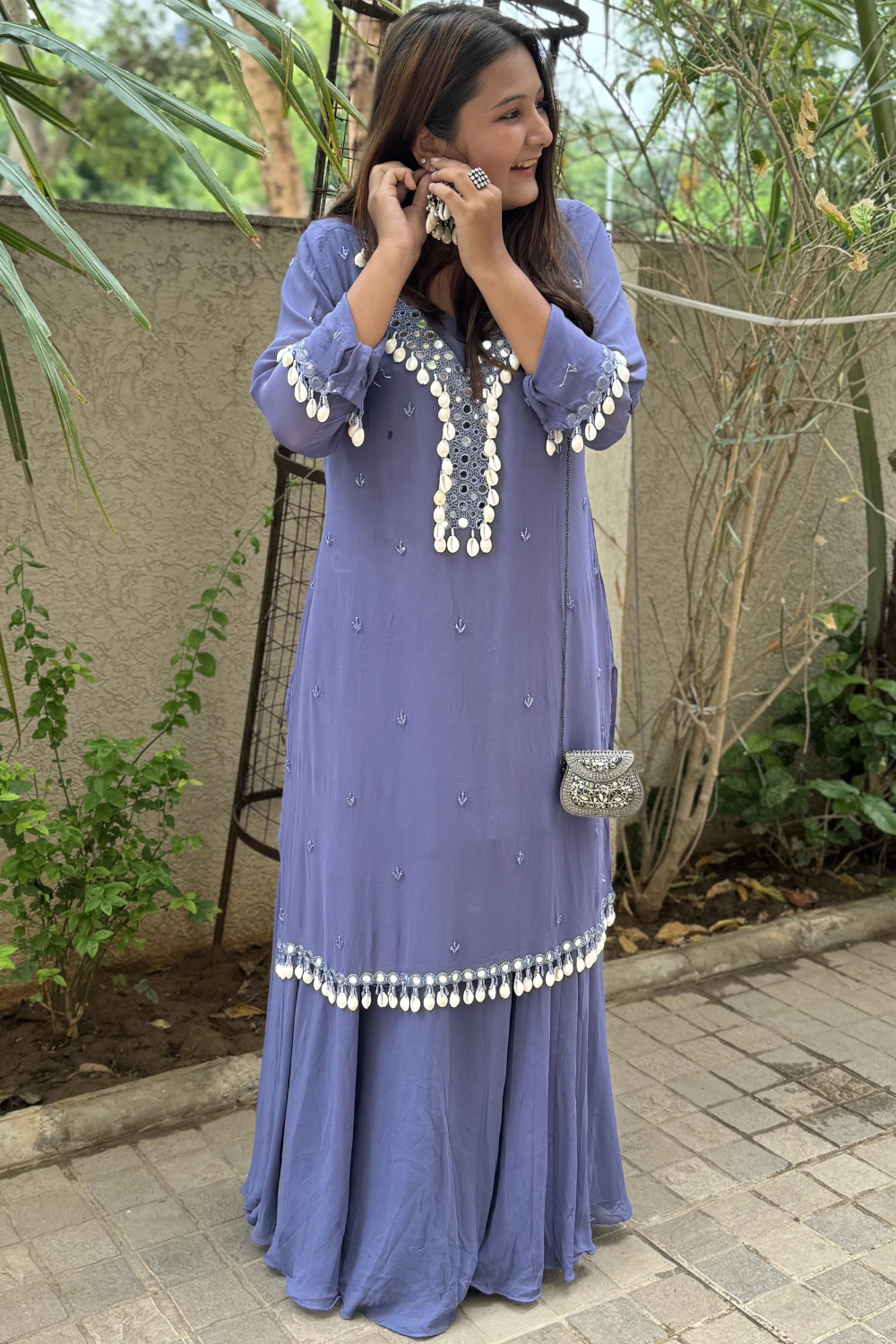 greyish purple pure georgette lehenga plus pant set