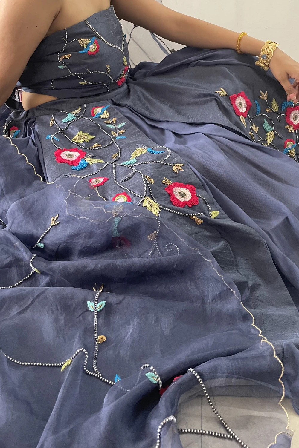 Greyish blue silk plus georgette thread & zardose lehenga set