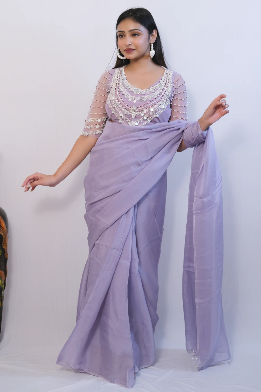 Purple organza handwork saree