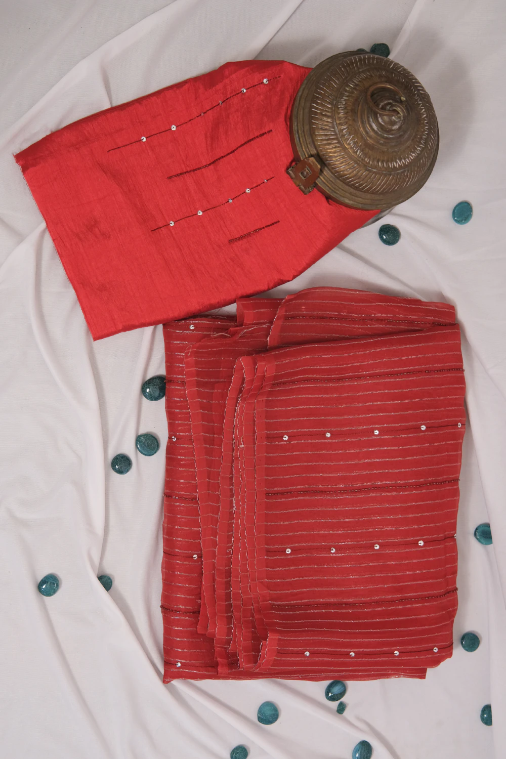 Red stripe organza tissue highlight handwork saree