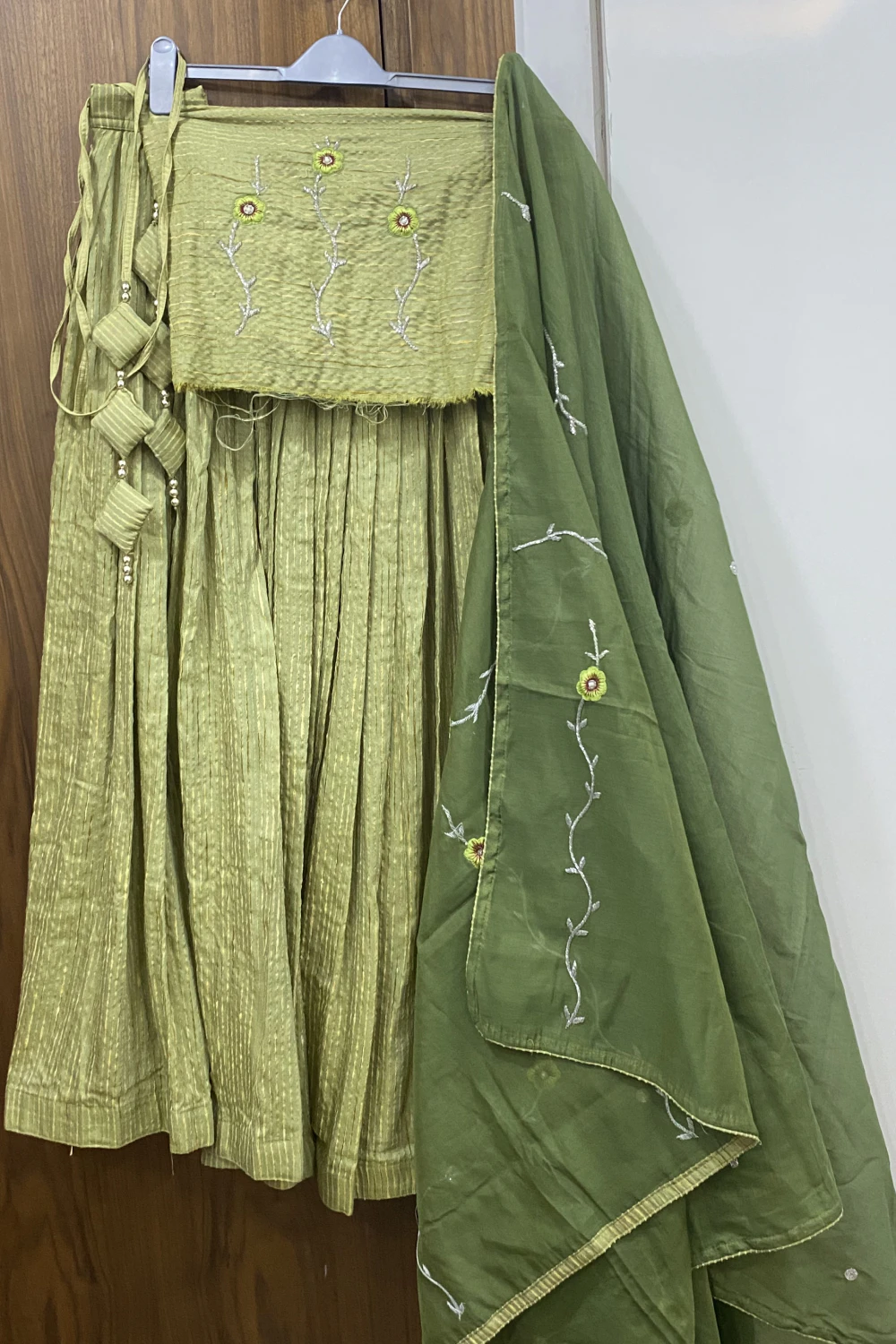 parrot green textured chanderi silk  lehenga set