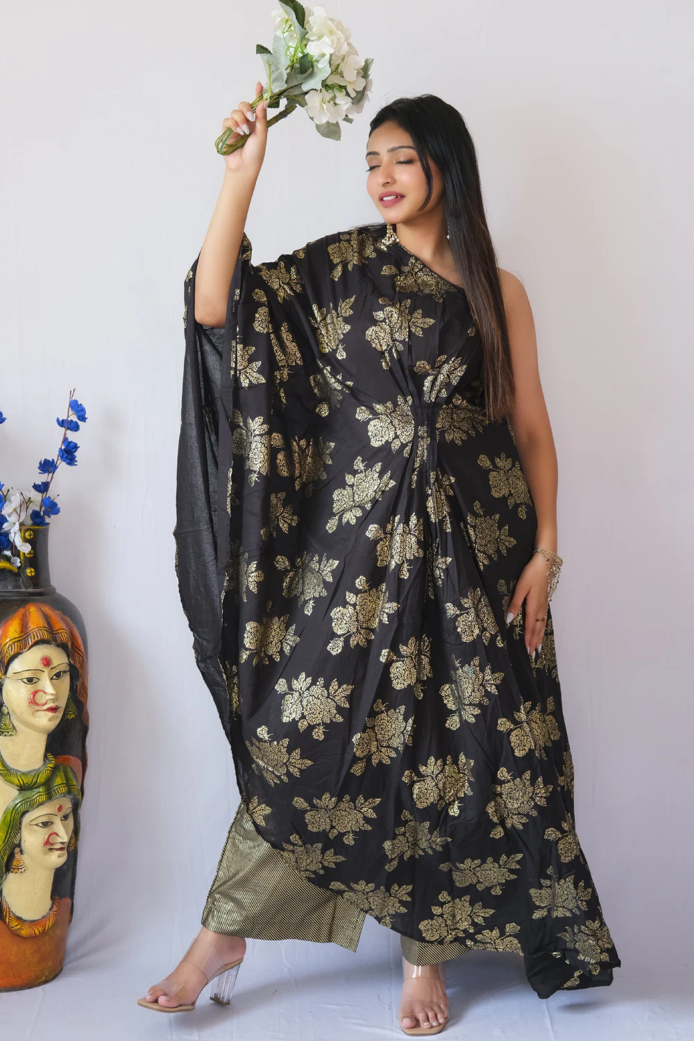 black with golden draped kurta set