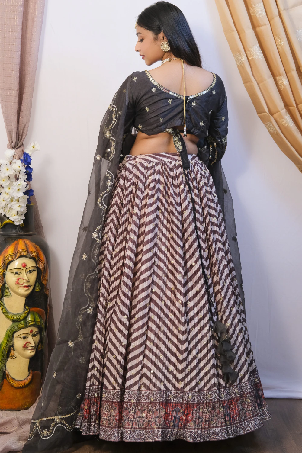 Emerald green  & off white crushed & silk kasab work lehenga set