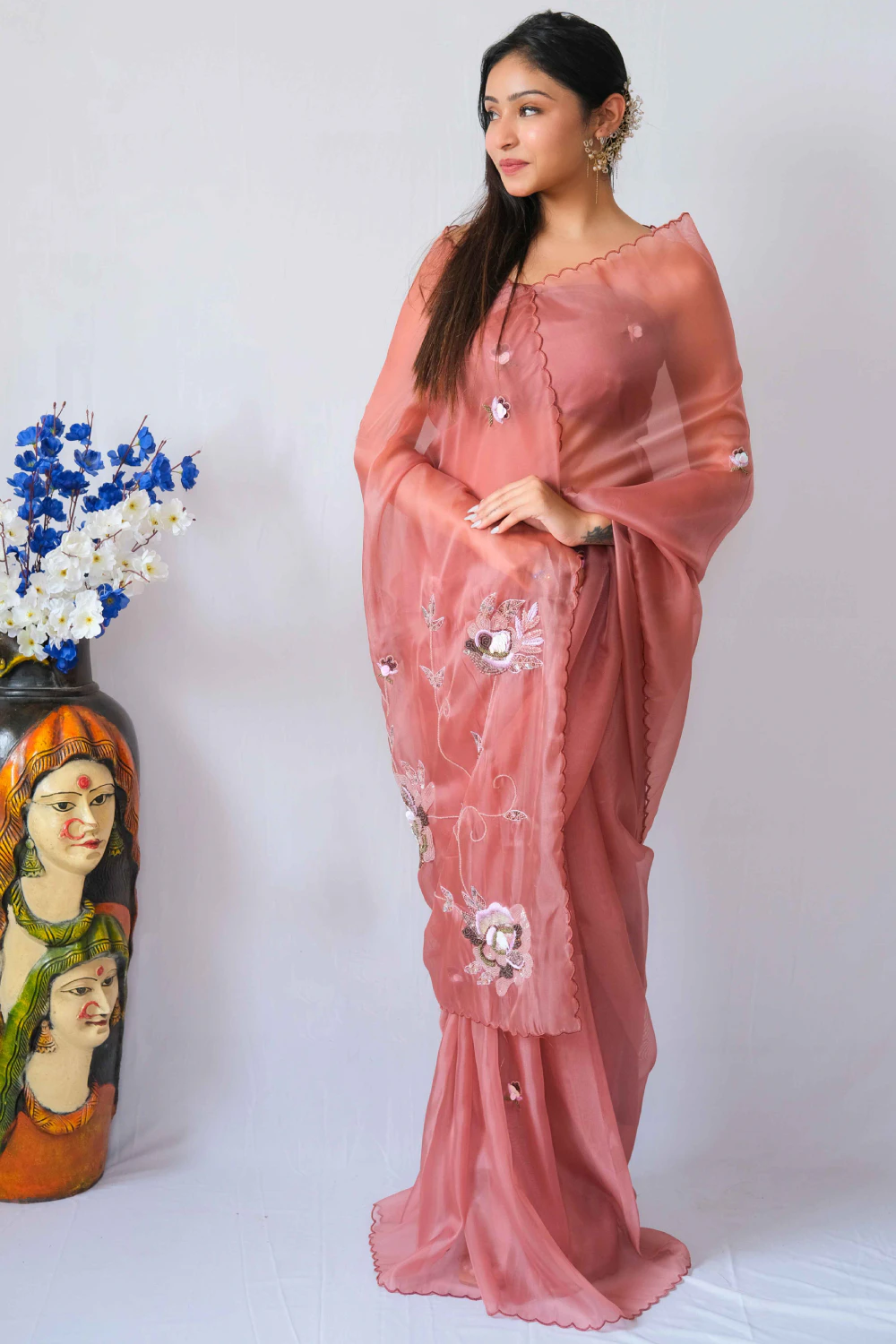 Rust jute silk mixed  handwork saree