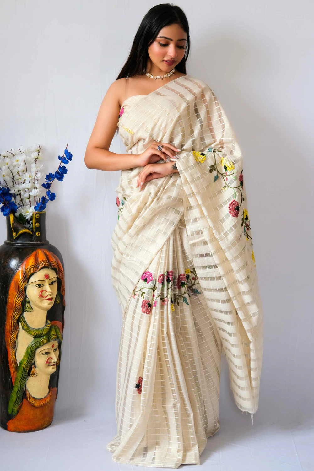 Cream jute organza thread work saree