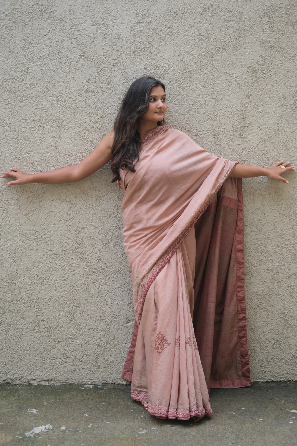 Chiku ombre dyed chanderi silk handprint & handwork saree