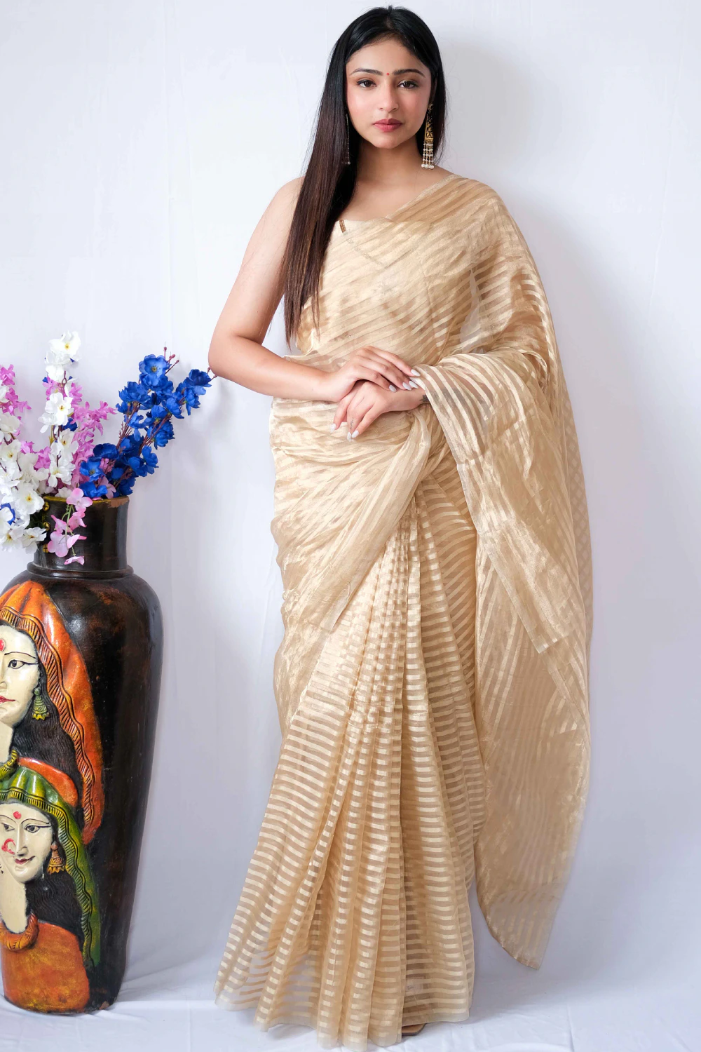 Gold stripe tissue handwork saree