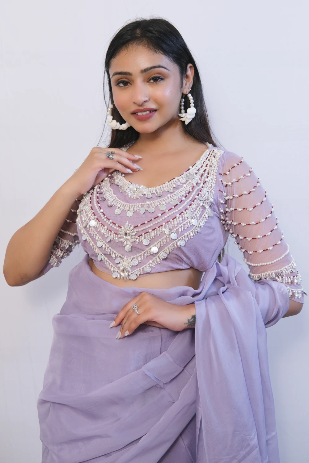 Purple organza handwork saree
