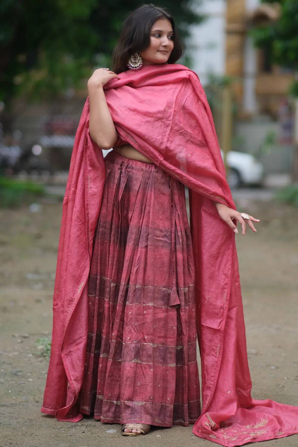 Maroon & brown pure tussar & raw silk handwork lehenga set