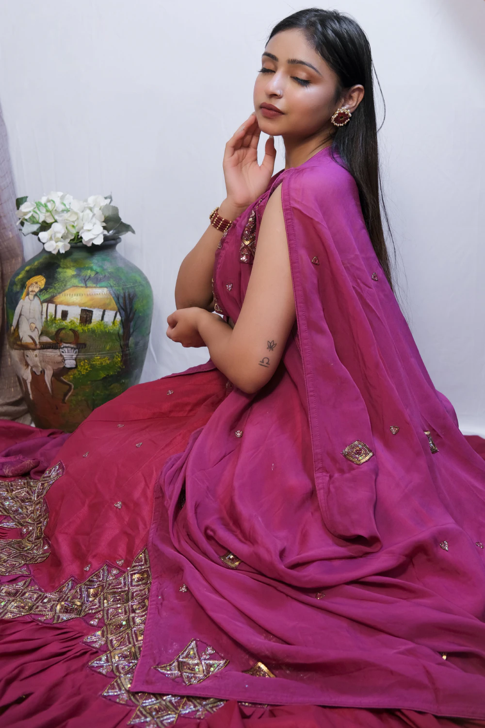 wine silk mixed work lehenga set