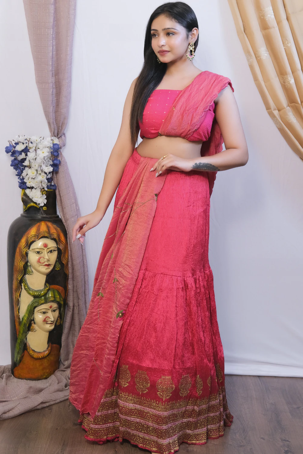 rani pink crushed & silk zardose work lehenga set