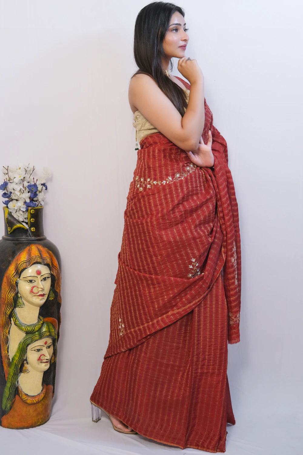 red stripe tissue silk handwork saree