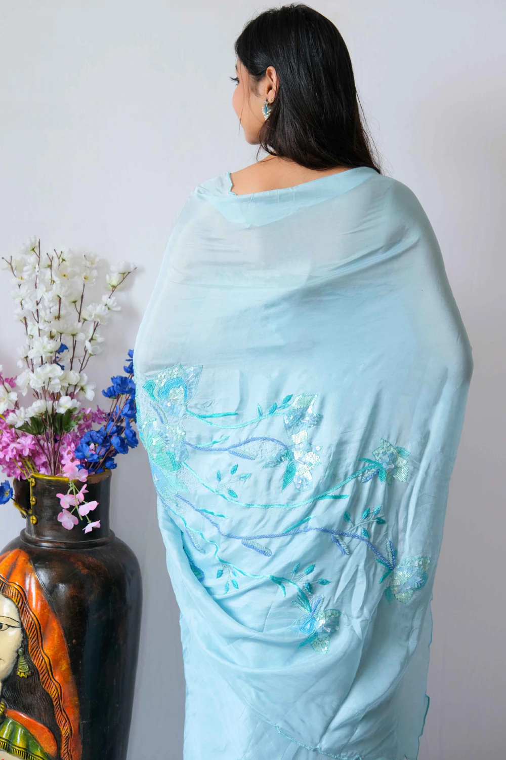 Ice blue abu dai mixed handwork saree