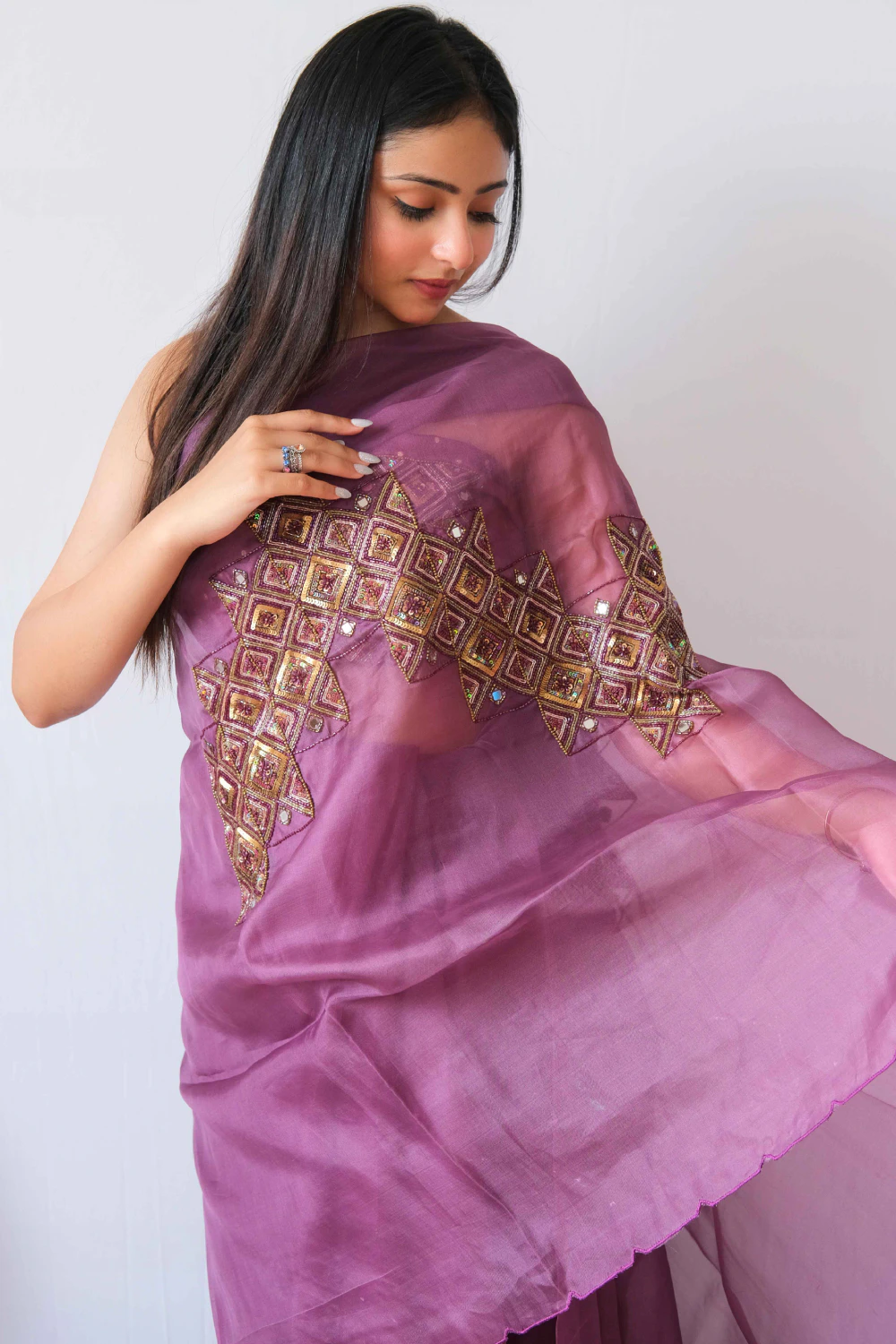 purple pure organza mixed handwork saree