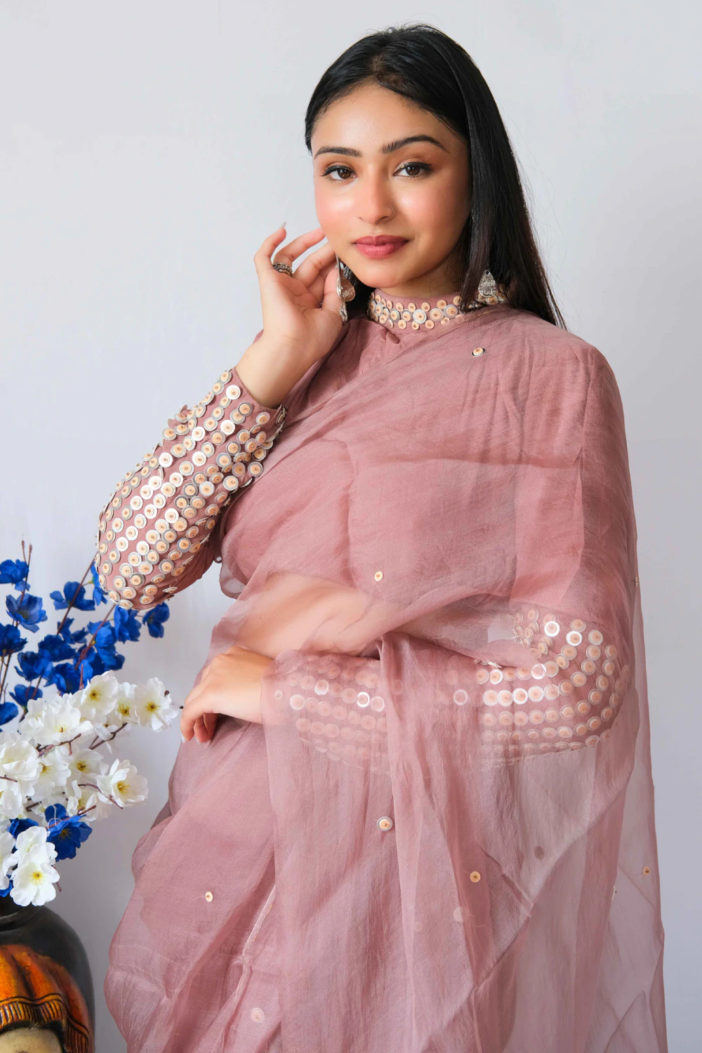 Mauve pure organza leather sequins handwork saree