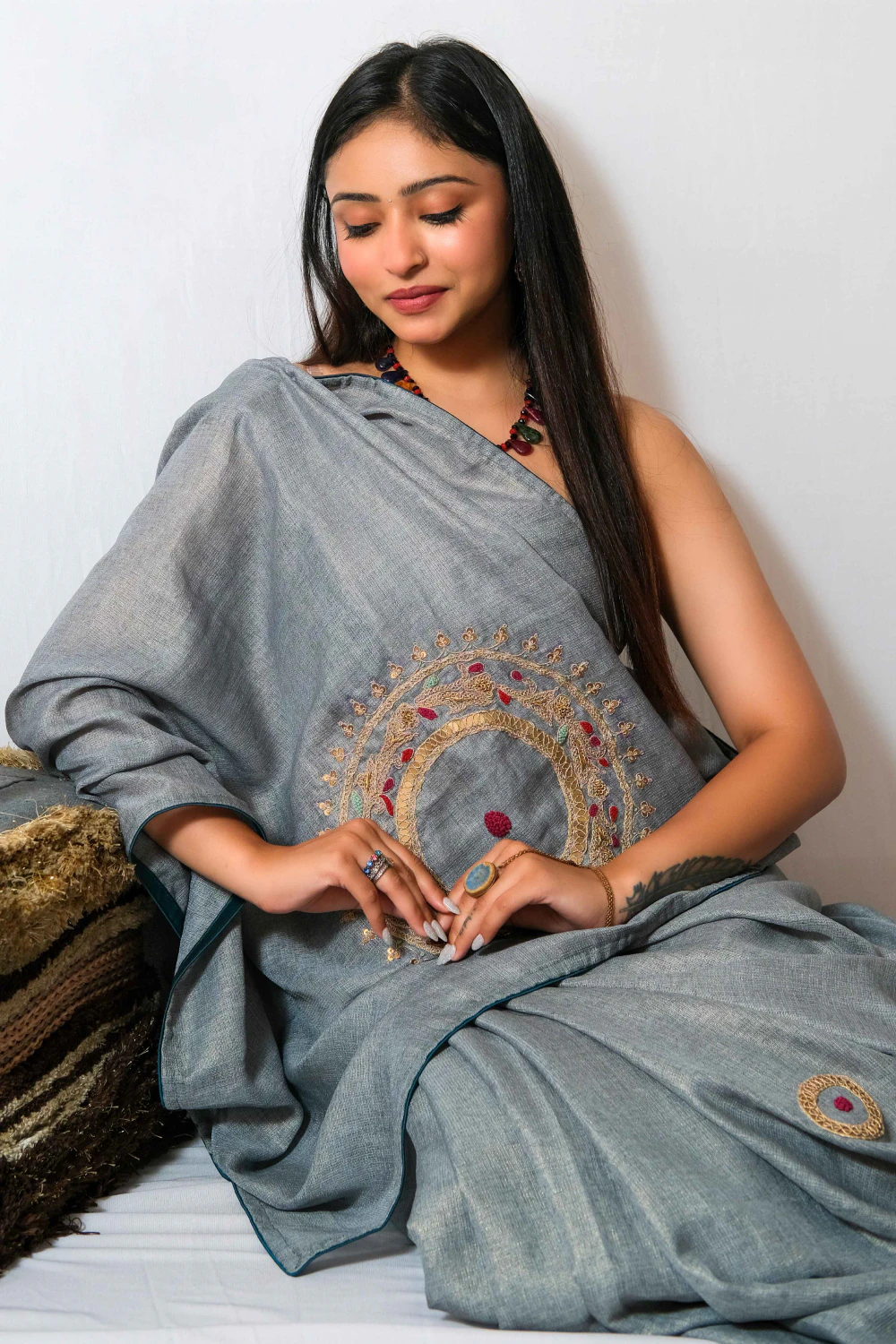 Turquoise jute shimmer marodi work saree