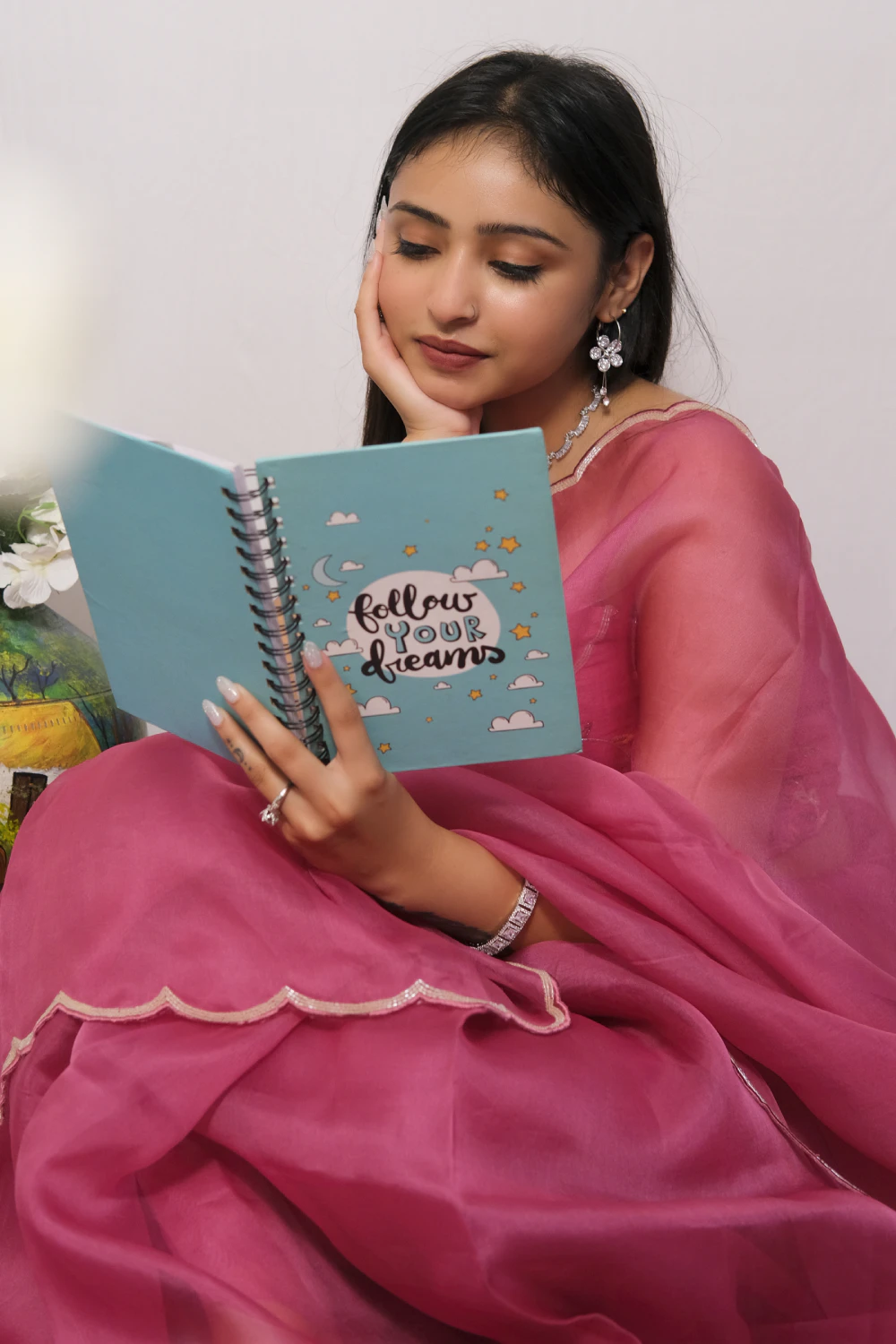 Rani pink pure organza handwork saree