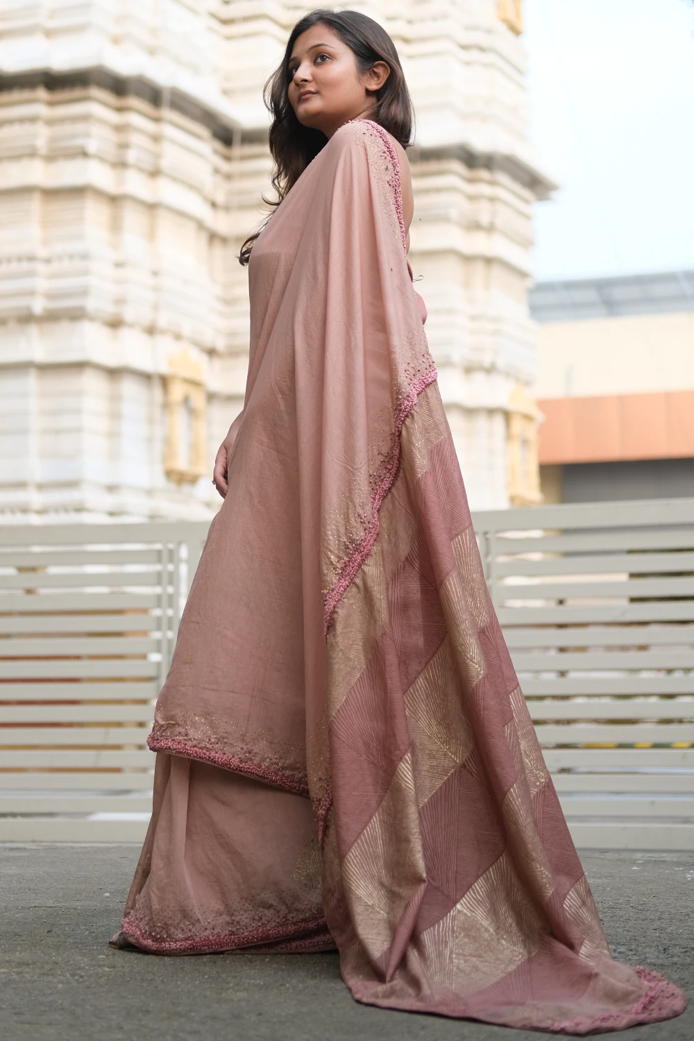 Chiku ombre dyed chanderi silk handprint & handwork saree