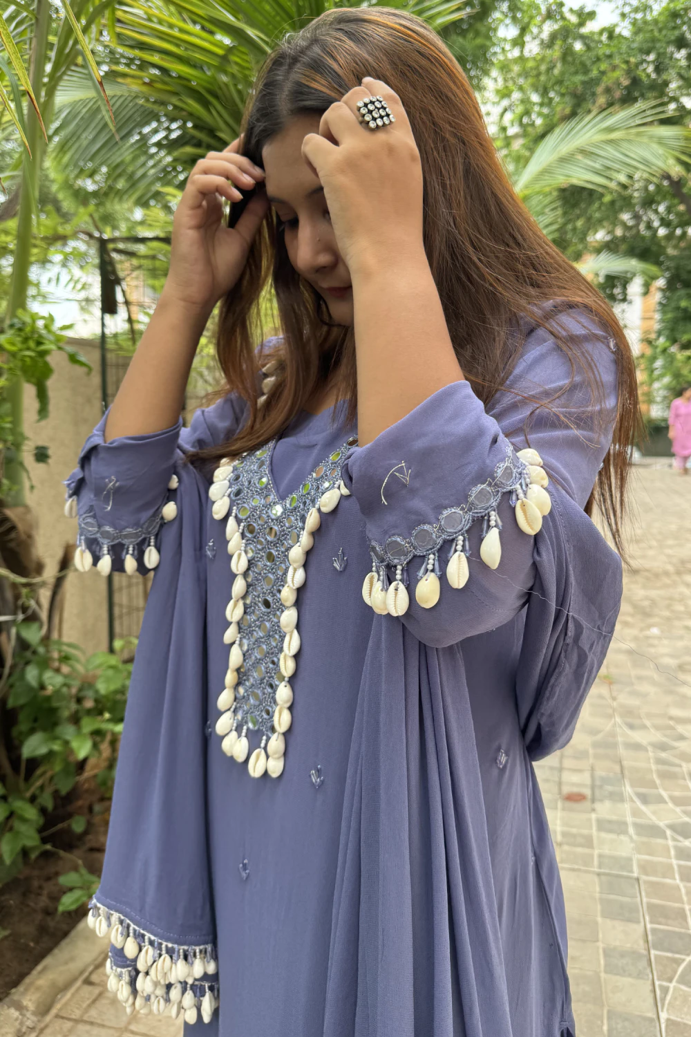 greyish purple pure georgette lehenga plus pant set