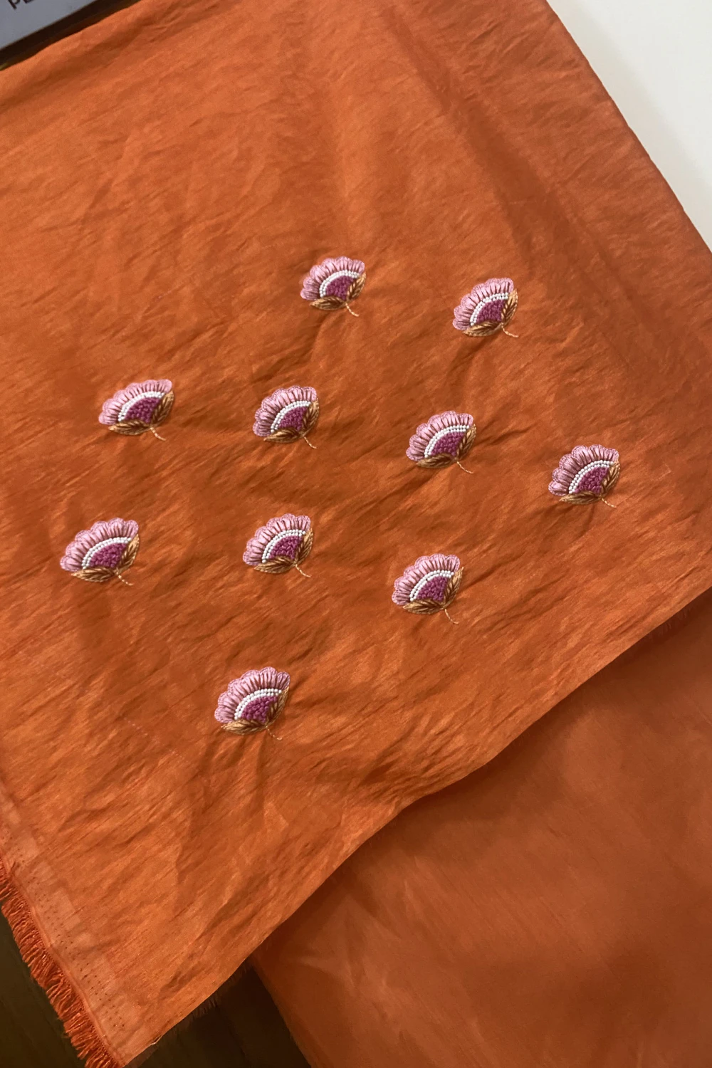 ombre dyed peach & orange handwork saree