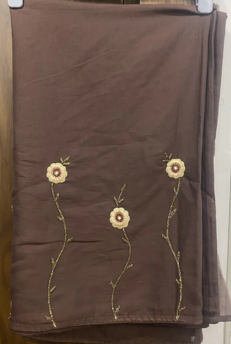 Dark Brown Muslin Silk Mixed Handwork Saree