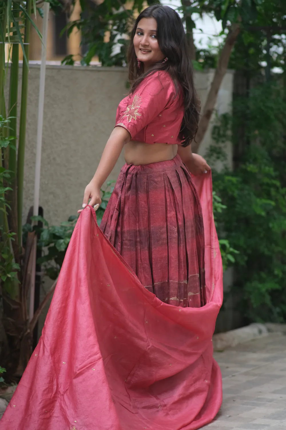 Maroon & brown pure tussar & raw silk handwork lehenga set