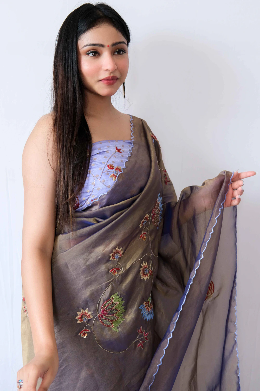 Dual shimmer tissue handwork saree