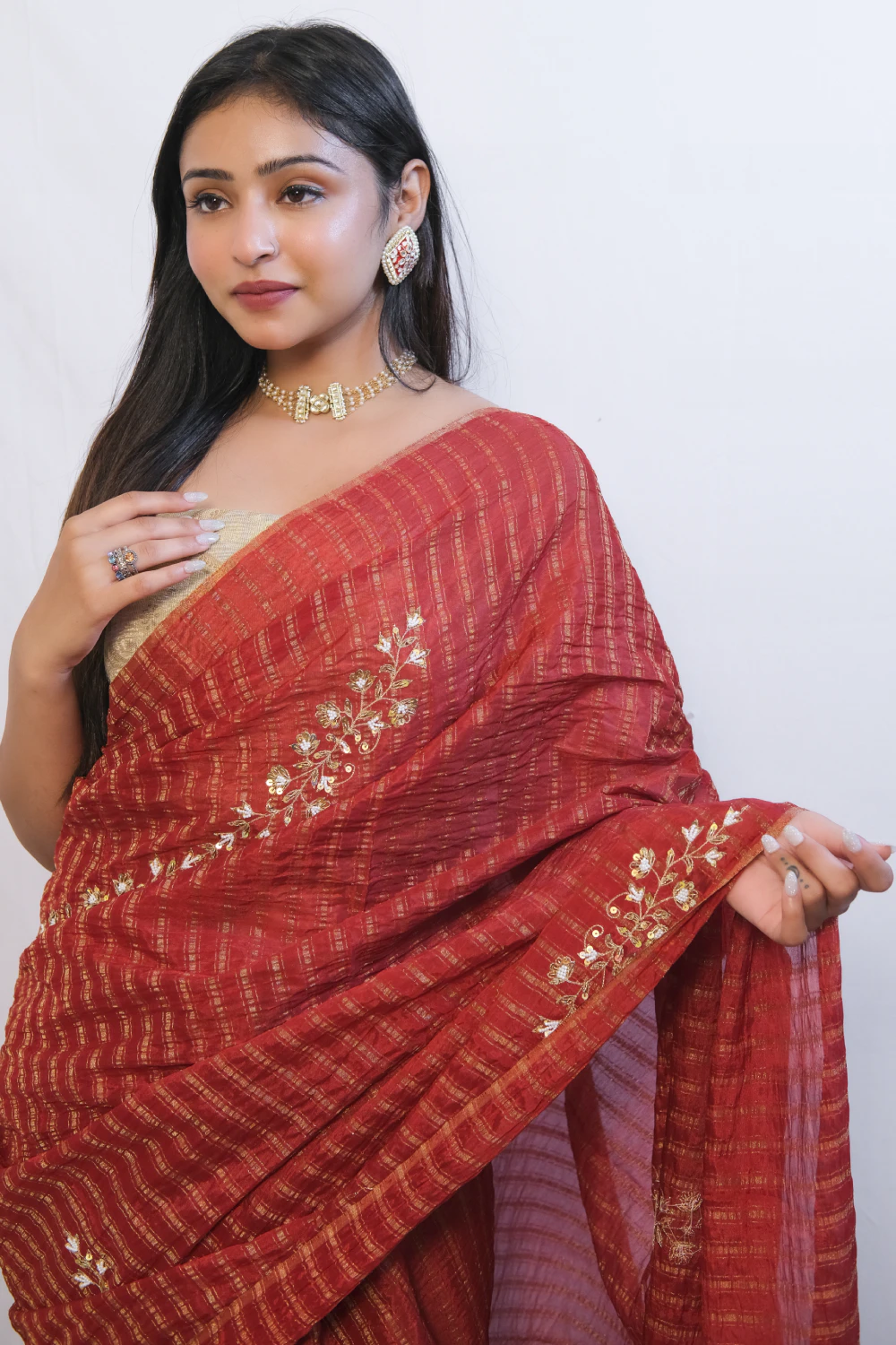red stripe tissue silk handwork saree