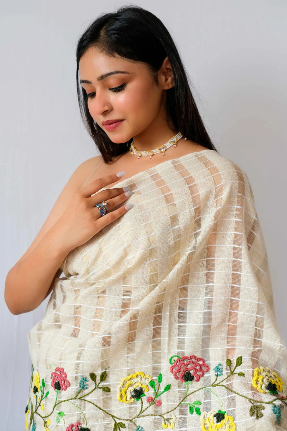 Cream jute organza thread work saree