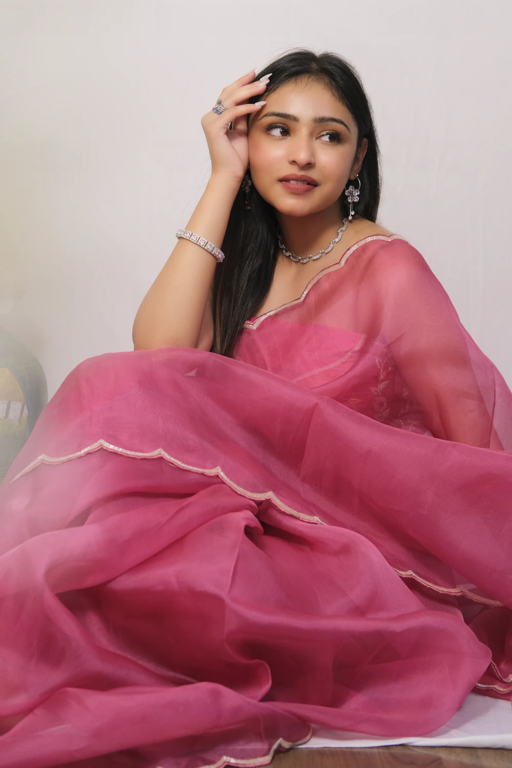 Rani pink pure organza handwork saree
