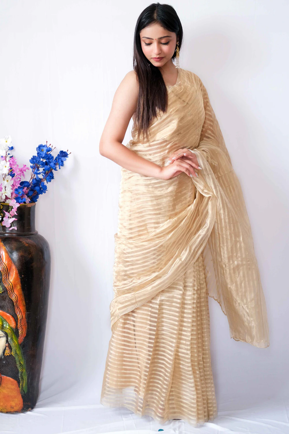 Gold stripe tissue handwork saree